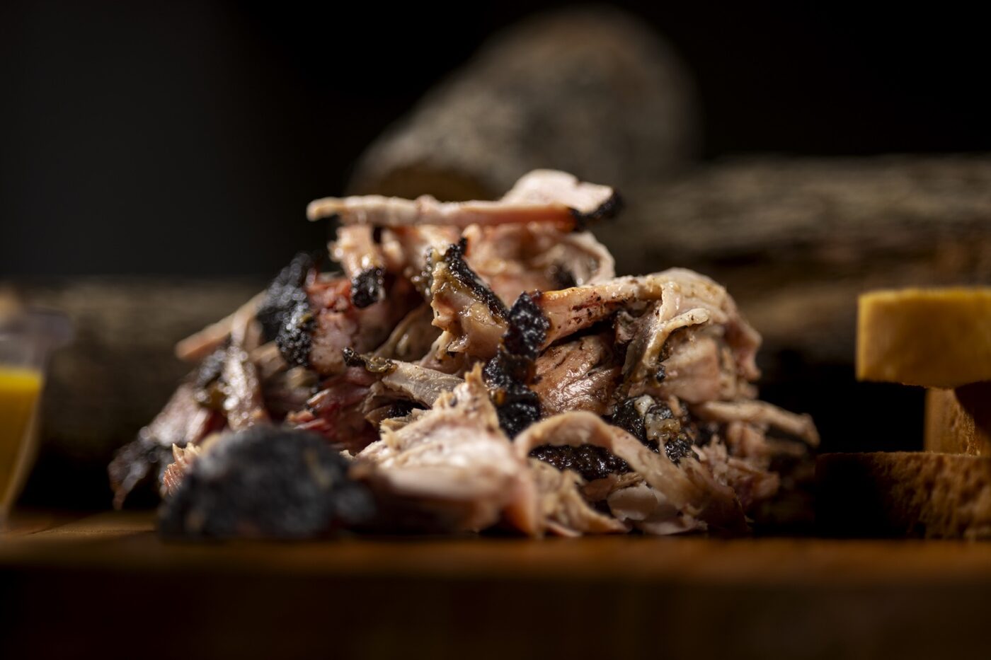 Close-up of pulled pork photographed for Uprise BBQ
